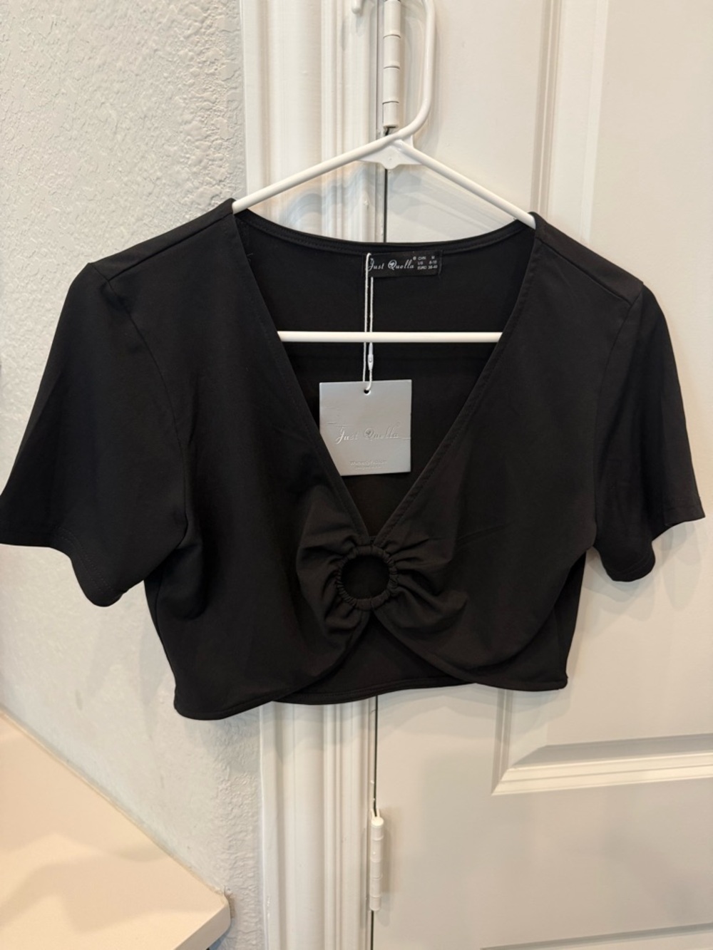 Just Be U Black Cropped Ring-Front V-Neck Top